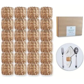 Wicker Rustic Napkin Rings Set of 12, Round Woven Boho Napkin Rings Handmade by Natural Water Hyacinth - Perfect for Farmhouse Party, Wedding, Dining Room, Table Decoration
