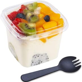 TOFLEN 50Ct 8 oz Square Plastic Dessert Cups with Lids and sporks, Clear Plastic Yogurt Parfait Cups Cake Cups for Mousse, Fruit, Banana Pudding Cups