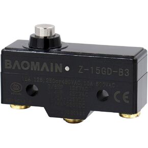 Baomain Z-15GD-B3 General Purpose Basic Switch, Drip Proof, Short Spring Plunger, Screw Terminal, 0.5mm Contact Gap, 15A Rated Current