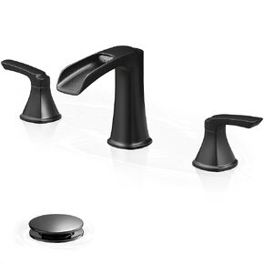 HOIGY Black Widespread Bathroom Faucet, Brass Waterfall Bathroom Sink Faucet 3 Hole, 2 Handle Bathroom Faucets 8 Inch Faucet for Bathroom Sink Vanity Lavatory Farmhouse RV with Pop-up Drain & Hose