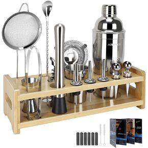 24-Piece Cocktail Shaker Set - MHIFYOY Bartender Kit - Stainless Steel Martini Mixer Bar Tools with Bamboo Stand, Ideal Gift Pack & Fine Mesh Strainer(Silver) in Saudi Arabia