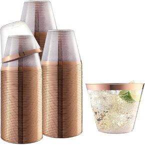 100 Pack 9oz Plastic Cups Gold Glitter with a Gold Rim - Premium Disposable Party Cups - Elegant and Classy Sturdy Cups - Weddings Birthdays Anniversaries and Other Social Events