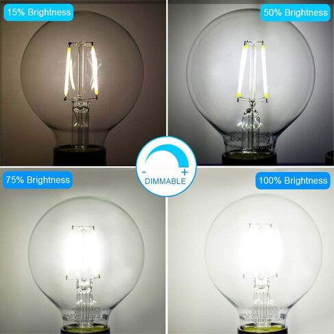 إضاءة حيوية أكثر ذكاءً LED Globe G25 لمبة إضاءة Edison قابلة للتعتيم، ما يعادل 40 واط، 5000K، 350LM، قاعدة لولبية متوسطة E26، ضوء عيد الميلاد، لمبة إضاءة Edison G80 LED، مدرجة في UL، 6 عبوات in Kuwait