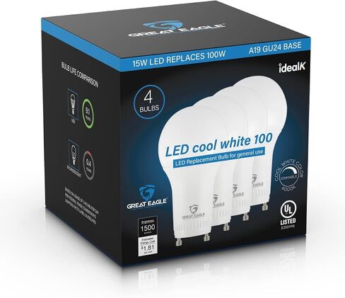 شركة Great Eagle Lighting Corporation 15W (ما يعادل 100W) GU24 لمبة إضاءة LED قابلة للتعتيم 5000K ضوء النهار، UL، استبدال CFL Twist-in 2 Prong (4 عبوات) in Kuwait