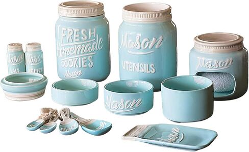 مجموعة أدوات مطبخ Mason Jar مكونة من 17 قطعة - إكسسوارات مطبخ عتيقة - أكواب وملاعق قياس، ومسند ملعقة، وهزازات ملح وفلفل، وحامل إسفنجة، وجرة بسكويت، وأواني فخارية - هدية عيد الأم - أزرق مائي in Kuwait