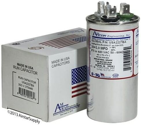 Aerovox Replacement - 30 + 3 uf/Mfd 370/440 VAC AmRad Round Dual Universal Capacitor, Made in The U.S.A. in Saudi Arabia