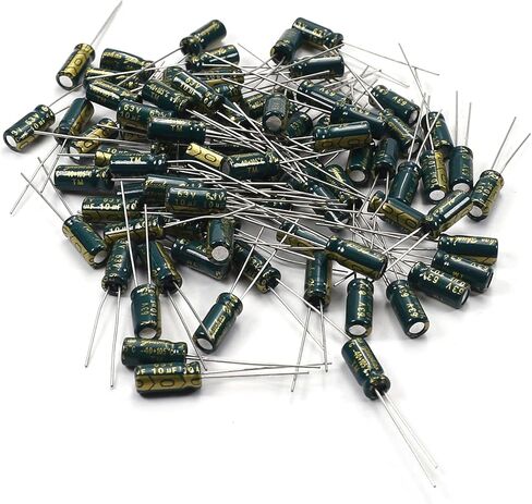 Fielect 80 قطعة من الألومنيوم شعاعي مكثف كهربائيا 10 فائق التوهج 63 فولت منخفض ESR أخضر 5 × 11 مم تيار تموج عالي، مقاومة منخفضة للتلفزيون، شاشة LCD، راديو، ستيريو، لعبة in Kuwait