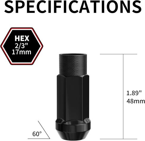 20 قطعة من صواميل العروة M12x1.5 من Richeer، صواميل العروة السوداء المفتوحة النهاية، 17 ملم سداسي 1.89 بوصة (48 ملم) طويل - مقعد مخروطي - مع مفتاح واحد in Kuwait