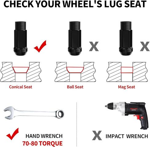 20 قطعة من صواميل العروة M12x1.5 من Richeer، صواميل العروة السوداء المفتوحة النهاية، 17 ملم سداسي 1.89 بوصة (48 ملم) طويل - مقعد مخروطي - مع مفتاح واحد in Kuwait