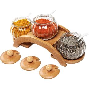 MyGift Clear Glass Spice Jars Condiment Pot with Bamboo Lids, Ceramic Spoons and Tiered Serving Tray, 10 Piece Set in Saudi Arabia