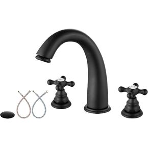 Aolemi Widespread Bathroom Faucet 3 Hole Sink Faucet 8 Inch Two Cross Handles Solid Brass Deck Mount Pop Up Drain Assembly Included Curved Spout Antique Brass