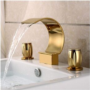 Elegant Waterfall Double Handle Bathroom Sink Faucet Arc Waterfall Spout Bathtub Filler Faucet with Three Holes Widespread Bathroom Faucet Gold