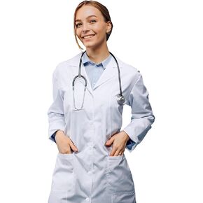 معاطف مختبر بيضاء عالية الجودة من HEEDFIT للنساء، معطف مختبر نسائي طويل قابل لإعادة الاستخدام من القطن والبوليستر الأبيض بالكامل بطول 81.28 سم in Kuwait