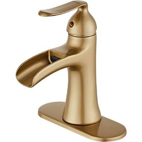 Wovier Brushed Gold Waterfall Bathroom Sink Faucet with Cover Plate,Single Handle Single Hole Brass Lavatory Vanity Faucet,Basin Mixer Taps with Supply Hose and Pop Up Drain Assembly