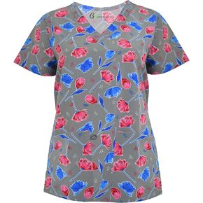 Green Town Scrubs for Women V-Neck Scrub Top - Print Tops, 3 Pockets, Easy Care Uniforms in Saudi Arabia