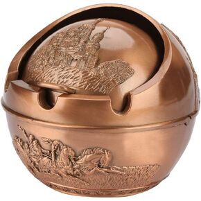 Windproof Ashtray Round Ball Stamped Pattern Portable Travel Ashtray for cigarettes Outdoor Gift Home Decoration (7.5 * 7.5 Castle Ancient Tin Color)