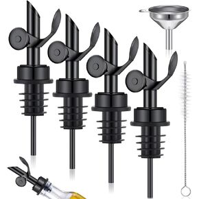 Tioncy 4 Pieces Weighted Stainless Steel Pourers Olive Oil Spout Olive Oil Dispenser Spout Automatic Opening and Closing Spout with Funnel and Brush for Pouring Wine Syrup Oil Kitchen (Black)