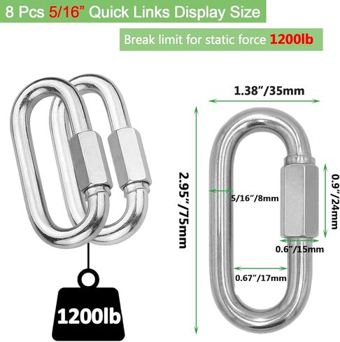وصلات سلسلة ربط سريعة من الستانلس ستيل مقاس 5/16 انش من 8 قطع، حلقة تثبيت على شكل حرف D M8 بسعة 1200 باوند، وصلة سريعة شديدة التحمل لحلقة التثبيت والتخييم والارجوحة والمعدات الخارجية in Kuwait