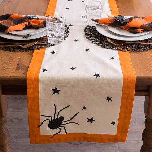 مجموعة DII Halloween Tabletop Collection نجوم سوداء جريئة/عنكبوت مخيف مع حدود برتقالية على خلفية طبيعية بيضاء اللون، يمكن غسله في الغسالة، مفرش طاولة مقاس 14 × 108 in Saudi Arabia