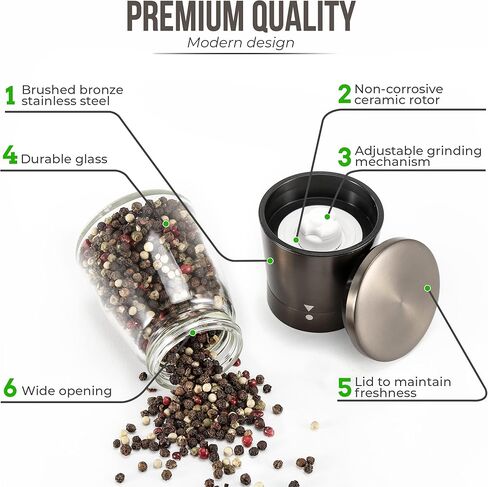 مطحنة الفلفل أو آلة نقع الملح لشيف الاحترافي - أفضل مطحنة توابل مع الفولاذ المقاوم للصدأ المصقول، علامة خاصة، شفرات من السيراميك، وحشونة قابلة للتعديل (برونزية داكنة) in Kuwait