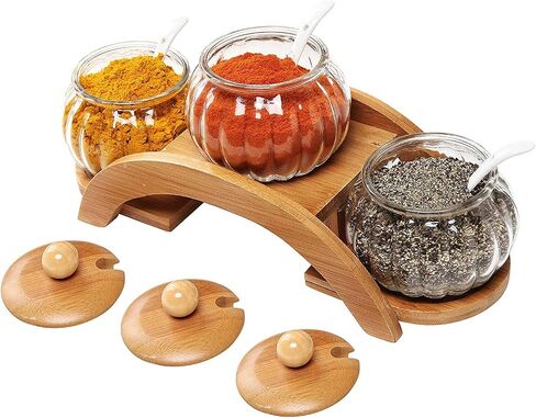 MyGift Clear Glass Spice Jars Condiment Pot with Bamboo Lids, Ceramic Spoons and Tiered Serving Tray, 10 Piece Set in Saudi Arabia