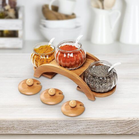 MyGift Clear Glass Spice Jars Condiment Pot with Bamboo Lids, Ceramic Spoons and Tiered Serving Tray, 10 Piece Set in Saudi Arabia