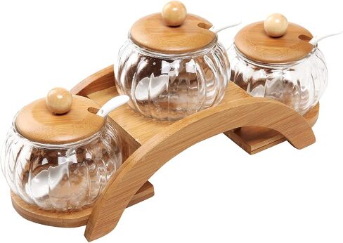 MyGift Clear Glass Spice Jars Condiment Pot with Bamboo Lids, Ceramic Spoons and Tiered Serving Tray, 10 Piece Set in Saudi Arabia