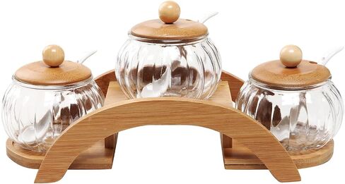 MyGift Clear Glass Spice Jars Condiment Pot with Bamboo Lids, Ceramic Spoons and Tiered Serving Tray, 10 Piece Set in Saudi Arabia
