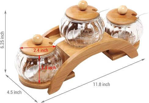 MyGift Clear Glass Spice Jars Condiment Pot with Bamboo Lids, Ceramic Spoons and Tiered Serving Tray, 10 Piece Set in Saudi Arabia