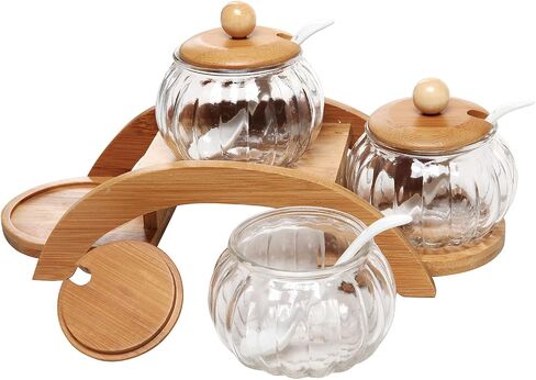 MyGift Clear Glass Spice Jars Condiment Pot with Bamboo Lids, Ceramic Spoons and Tiered Serving Tray, 10 Piece Set in Saudi Arabia