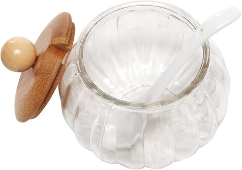 MyGift Clear Glass Spice Jars Condiment Pot with Bamboo Lids, Ceramic Spoons and Tiered Serving Tray, 10 Piece Set in Saudi Arabia