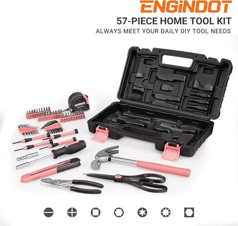 مجموعة أدوات المنزل إنجيندوت، مجموعة أدوات أساسية مكونة من 57 قطعة مع حقيبة تخزين للإصلاح المنزلي وتحسين المنزل ومشروع DIY باللون الوردي in Kuwait