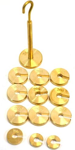 Eisco Labs Brass Slotted Set of Masses and Hanger (50g Hanger, Two 5g Discs, one 10g disc, and Nine 20g Discs - Overall Mass 250g) in Saudi Arabia
