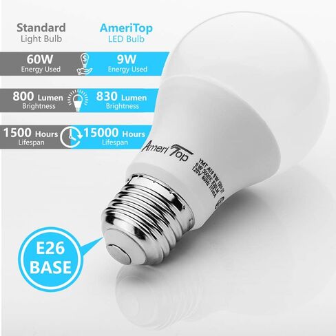 AmeriTop A19 LED Light Bulbs- 6 Pack, Efficient 9W(60W Equivalent) 830 Lumens General Lighting Bulbs, UL Listed, Non-Dimmable, E26 Standard Base (5000K Daylight) in Kuwait