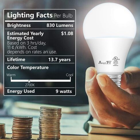 AmeriTop A19 LED Light Bulbs- 6 Pack, Efficient 9W(60W Equivalent) 830 Lumens General Lighting Bulbs, UL Listed, Non-Dimmable, E26 Standard Base (5000K Daylight) in Kuwait