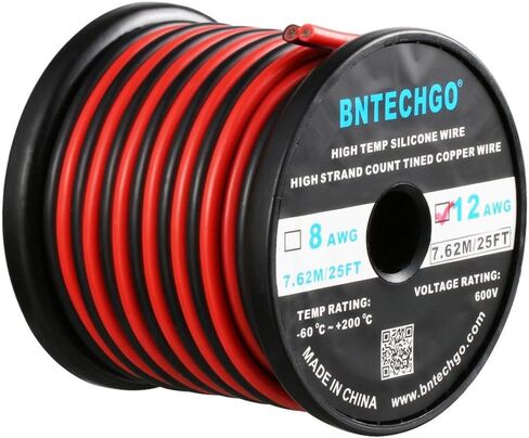 BNTECHGO 22 مقياس مرن 2 موصل سلك سيليكون متوازي بكرة أحمر أسود عالي المقاومة 200 درجة مئوية 600 فولت لسلك تمديد شريط LED أحادي اللون، نموذج، سلك نحاسي مجدول 25 قدم in Kuwait
