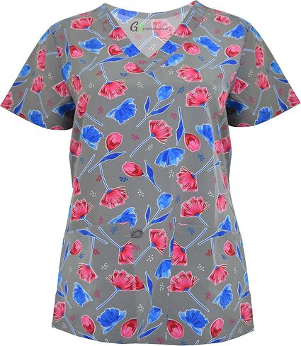 Green Town Scrubs for Women V-Neck Scrub Top - Print Tops, 3 Pockets, Easy Care Uniforms in Kuwait