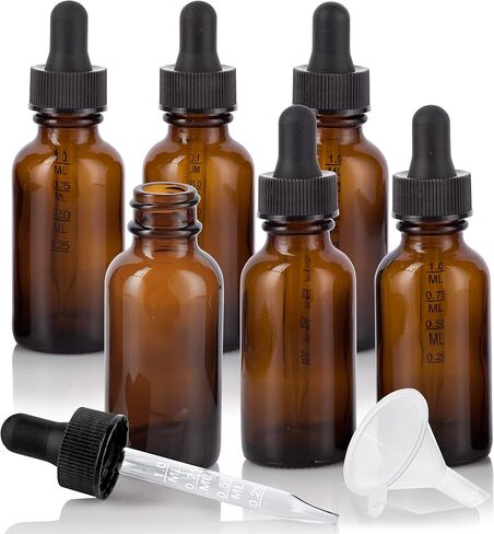 JUVITUS 1 oz / 30 ml Amber Glass Boston Round Bottle with Graduated Measurement Glass Dropper and Funnel (4 pack) + Funnel in Saudi Arabia