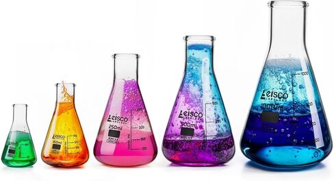 Premium Erlenmeyer Flask Set - 50ml, 150ml, 250ml, 500ml & 1000ml - Narrow Neck, White Graduations - Superior Durability & Chemical Resistance - Borosilicate 3.3 Glass - Eisco Labs in Saudi Arabia