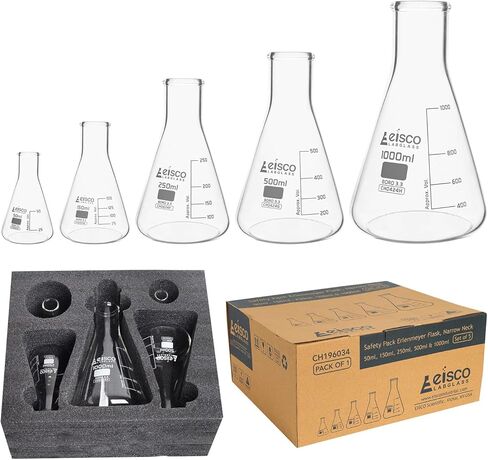 Premium Erlenmeyer Flask Set - 50ml, 150ml, 250ml, 500ml & 1000ml - Narrow Neck, White Graduations - Superior Durability & Chemical Resistance - Borosilicate 3.3 Glass - Eisco Labs in Saudi Arabia