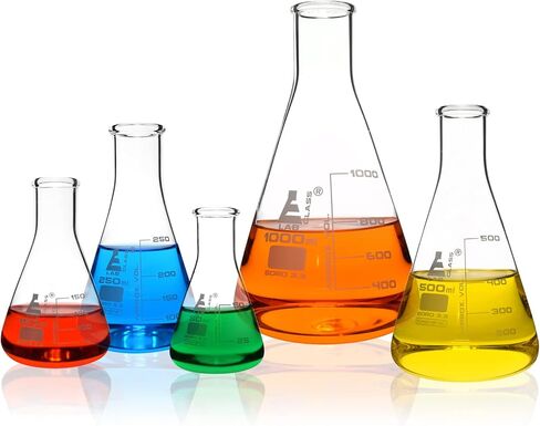 Premium Erlenmeyer Flask Set - 50ml, 150ml, 250ml, 500ml & 1000ml - Narrow Neck, White Graduations - Superior Durability & Chemical Resistance - Borosilicate 3.3 Glass - Eisco Labs in Saudi Arabia