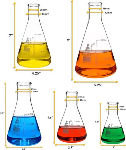 Premium Erlenmeyer Flask Set - 50ml, 150ml, 250ml, 500ml & 1000ml - Narrow Neck, White Graduations - Superior Durability & Chemical Resistance - Borosilicate 3.3 Glass - Eisco Labs in Saudi Arabia