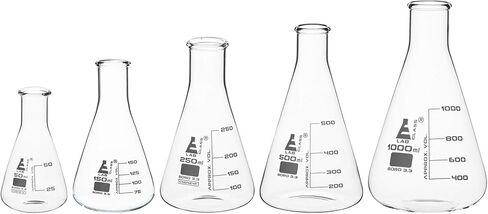 Premium Erlenmeyer Flask Set - 50ml, 150ml, 250ml, 500ml & 1000ml - Narrow Neck, White Graduations - Superior Durability & Chemical Resistance - Borosilicate 3.3 Glass - Eisco Labs in Saudi Arabia