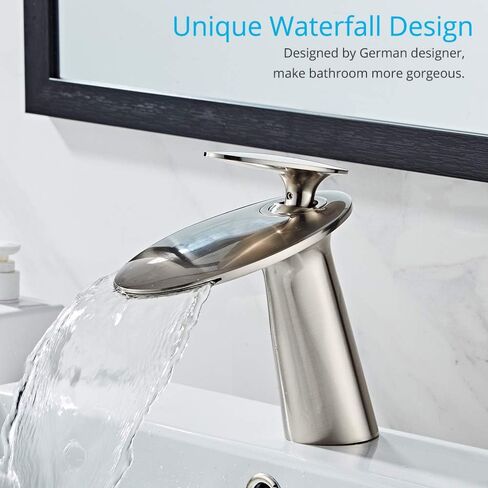 Wovier Brushed Nickel Waterfall Bathroom Sink Faucet with Supply Hose,Single Handle Single Hole Vessel Lavatory Faucet,Slanted Body Basin Mixer Tap Tall Body Commercial in Kuwait