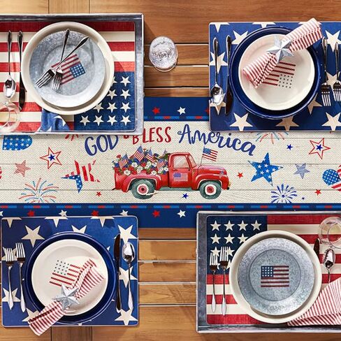 مفرش طاولة الرابع من يوليو، مفرش طاولة وطني، تماثيل الرابع من يوليو على مفارش طاولة شاحنة حمراء بطول 72 بوصة، قماش طاولة قهوة صغير لعيد الاستقلال بنجوم أمريكية مخططة لغرفة الطعام المنزلية in Kuwait