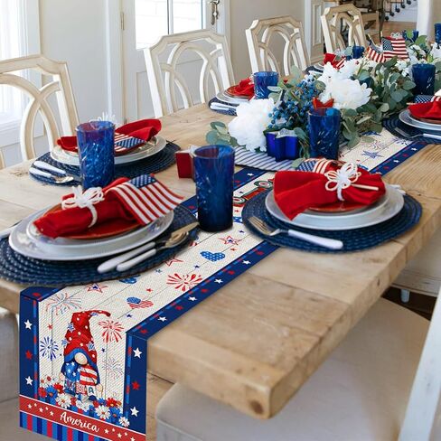 مفرش طاولة الرابع من يوليو، مفرش طاولة وطني، تماثيل الرابع من يوليو على مفارش طاولة شاحنة حمراء بطول 72 بوصة، قماش طاولة قهوة صغير لعيد الاستقلال بنجوم أمريكية مخططة لغرفة الطعام المنزلية in Kuwait