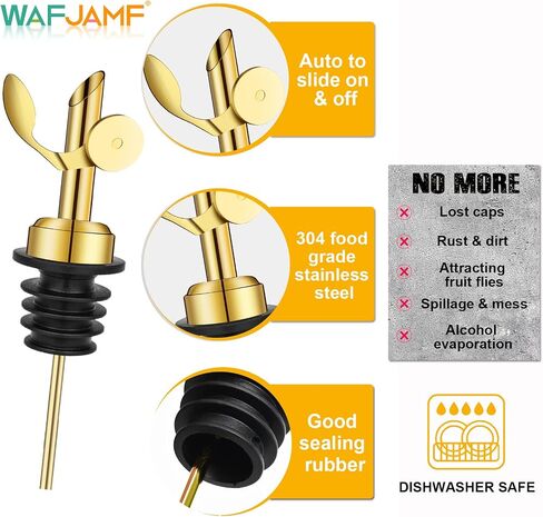 WAFJAMF Weighted Stainless Steel Bottle Pourers, Auto Flip Feature Self Closing Olive Oil Dispenser Spout with 1 Cleaning Brush, Liquor Pour Spouts for Pours Liquid, Olive Oil, Wine, Vinegar (Black) in Saudi Arabia