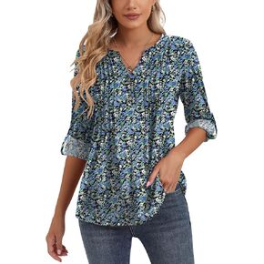 Womens Long Sleeve V Neck Henley Tops Roll up 3/4 Sleeve Pleated Shirts Ladies Loose Button-up Blouses Dressy Casual Tunic