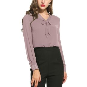 ACEVOG Womens Bow Tie Neck Long Sleeve Casual Office Work Chiffon Blouse Shirts Tops
