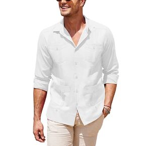 قميص COOFANDY رجالي بأكمام طويلة كوبي Guayabera قميص كاجوال بأزرار سفلية من القطن والكتان لحفلات الزفاف على الشاطئ in Kuwait